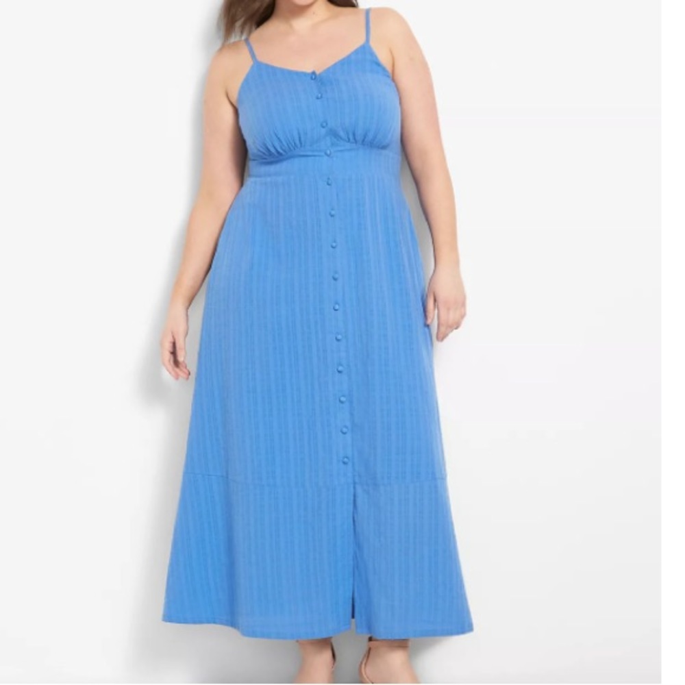 Bare double strap v neck button down midi dress